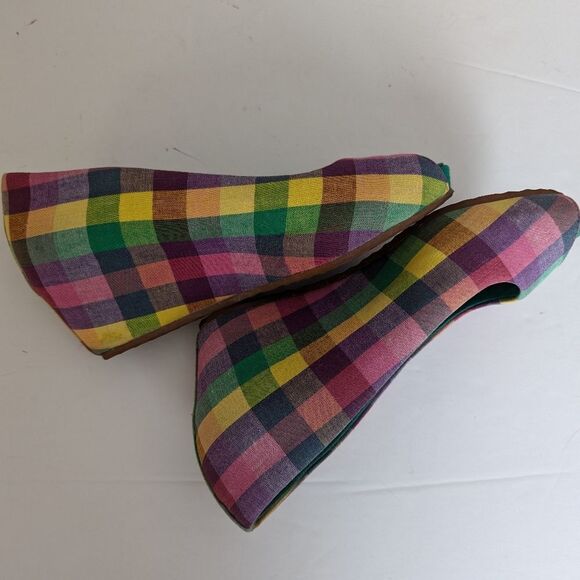 Lacoste Madras Plaid Wedge Peep Toe Shoes – Size 5 - Picture 6 of 10